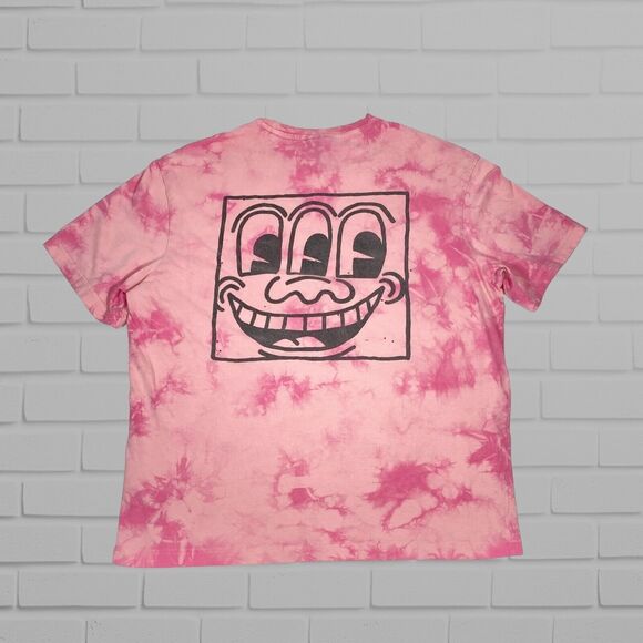 H&M x Keith Haring Mens T Shirt M Pink Relaxed Tie Dye Three Eyed Face Artist - Picture 3 of 9